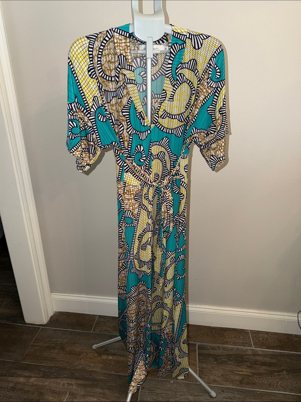 Tbags Los Angeles Teal and Yellow Printed Wrap Maxi Dress with Tie Waist